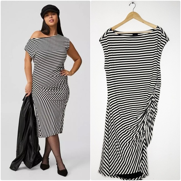 torrid Dresses & Skirts - Torrid Black & White Striped Ruched Midi Dress – Size 2 (18/20) 2X